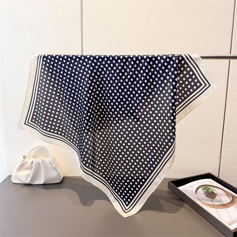 Retro French Polka Dot Spring/ Lightweight Faux Silk Printed Small Scarf Shawl Neckerchief with a High-end Feel for Women