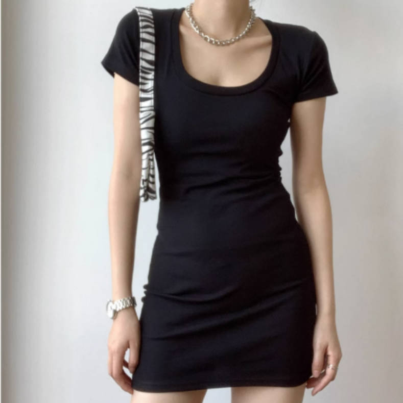 European and American light and familiar style square collar pure desire Spice Girl slim dress women's autumn sexy arm tight waist short skirt