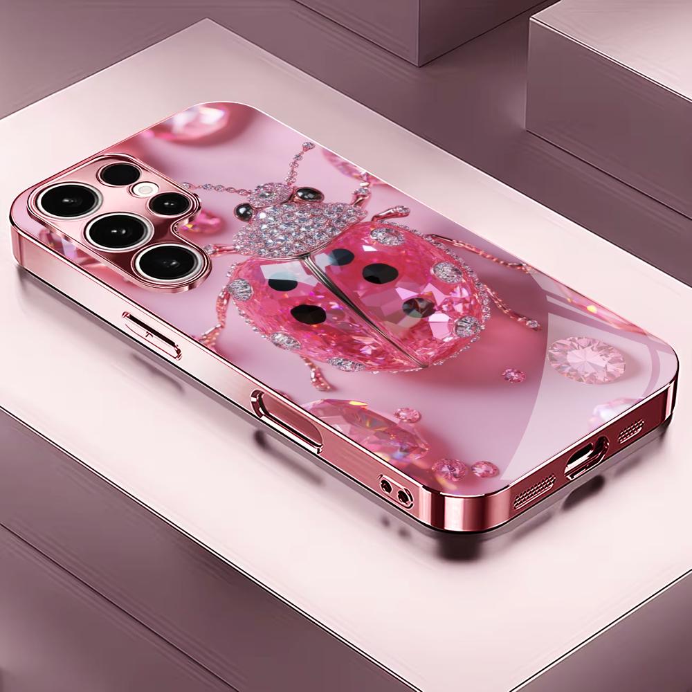 Pink crystal beetle Madam pink  Glass  PhoneCase for Samsung Galaxy S26 S25 S24 S23 S22 S21 FE Ultra Plus Dropresistant Female