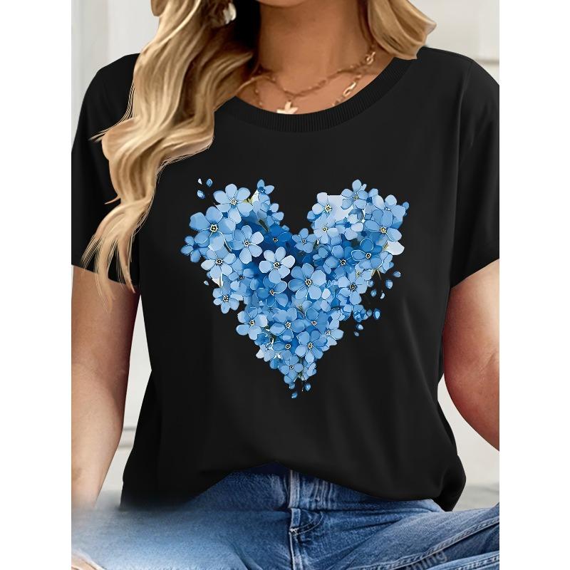 European Size Women'S  Heart Print T-Shirt - Blue Floral Design, Casual Round Neck Short Sleeve Tee, Breathable & Machine Washable for Spring/Summer