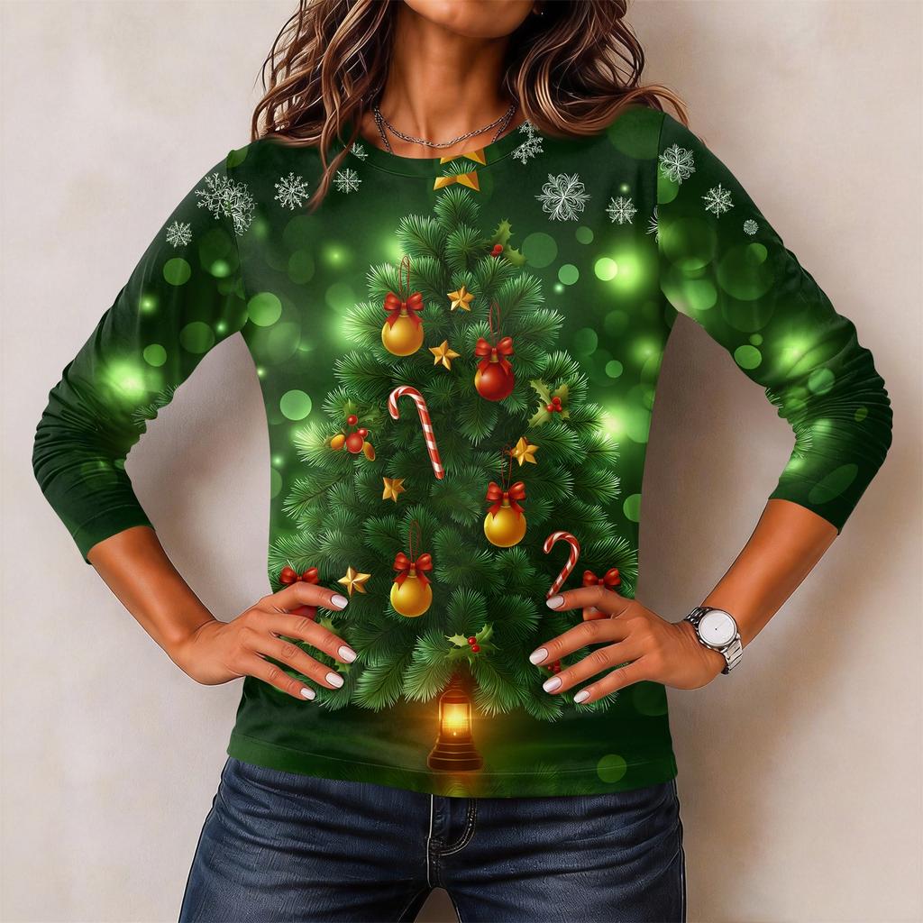 Women's Christmas Print Long Sleeve Neck Pullover Top