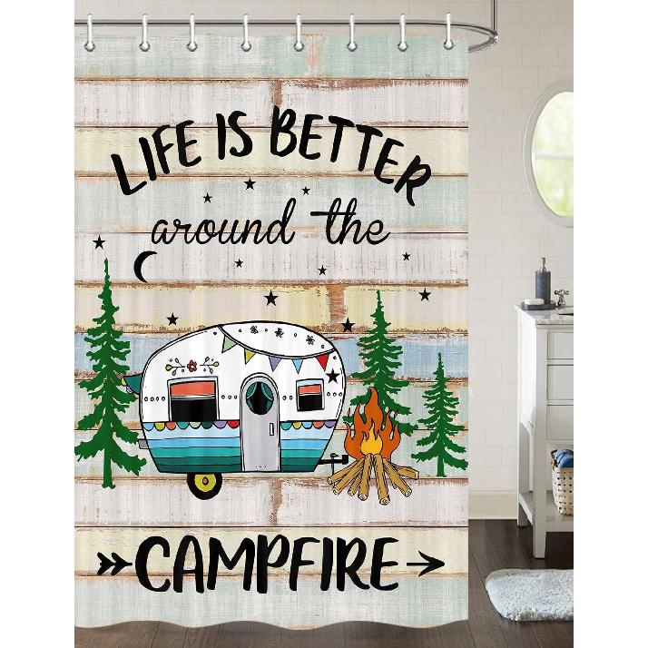 JAWO Camper Shower Curtain for Travel Trailer, RV Shower Curtain for Camper Size Farmhouse Camping Bath Curtains Hooks Included(47" W X 64" H), Multi