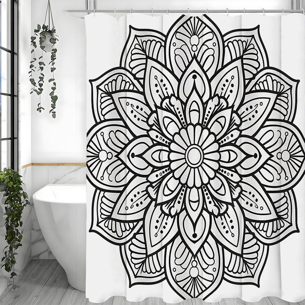 

Black-lined large flowers Shower Curtain Washable Dirt-Resistant Shower Head waterproof Polyester Bath Curtain For Home Decor 90x180CM