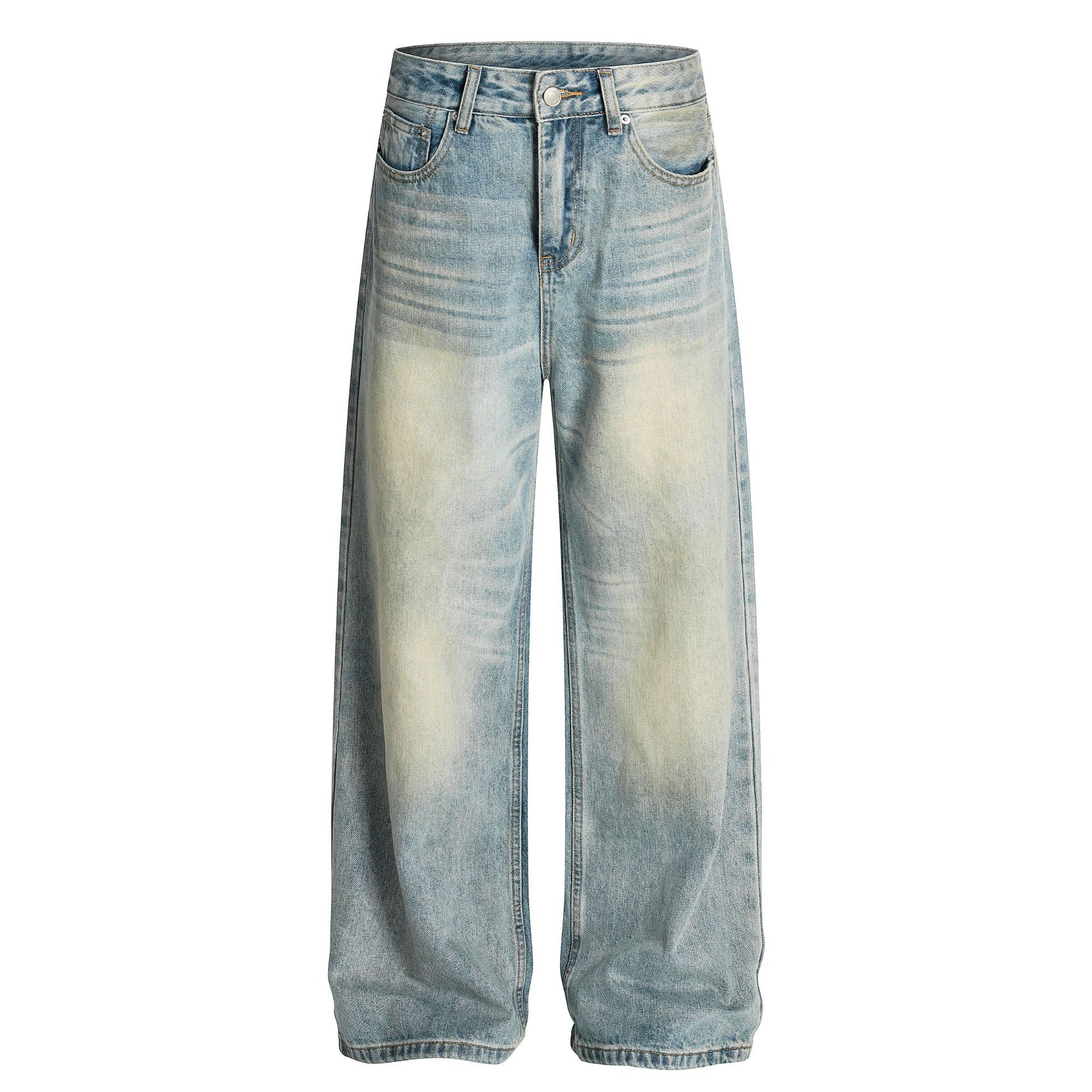 Trendy brand American retro washed jeans straight tube simple personalized cleanfit trousers men S синий