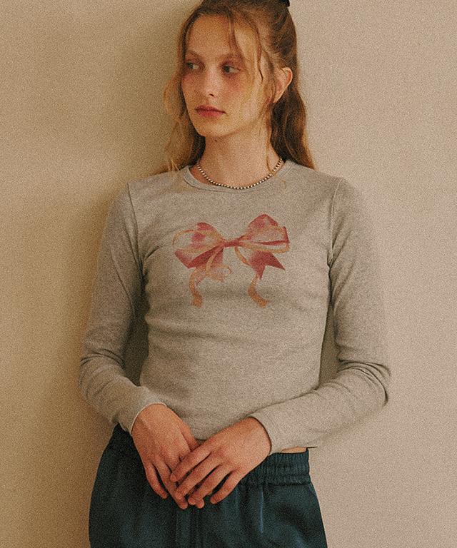 RONRON Double Ribbon Slim Crop Long Sleeve Gray