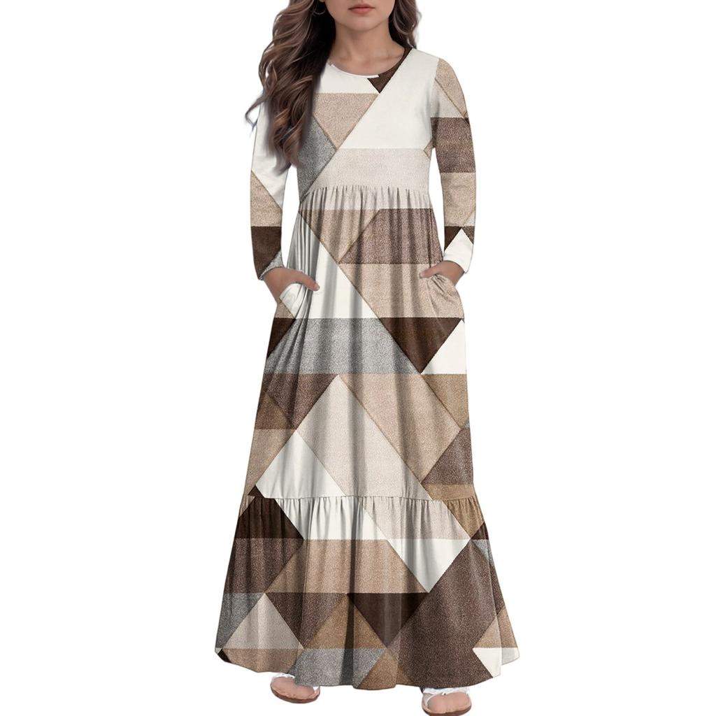 Girls' Maxi Dress Casual Holiday Dresses - Long Sleeve Dress With Pockets For 4-14Y