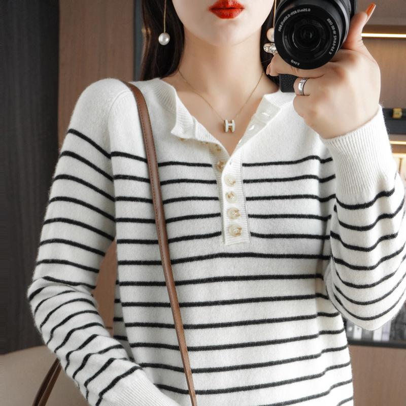 Crew Neck Bottoming Shirt Women's Autumn and Winter Loose and Versatile Sweater Striped Skin-friendly Warm Top