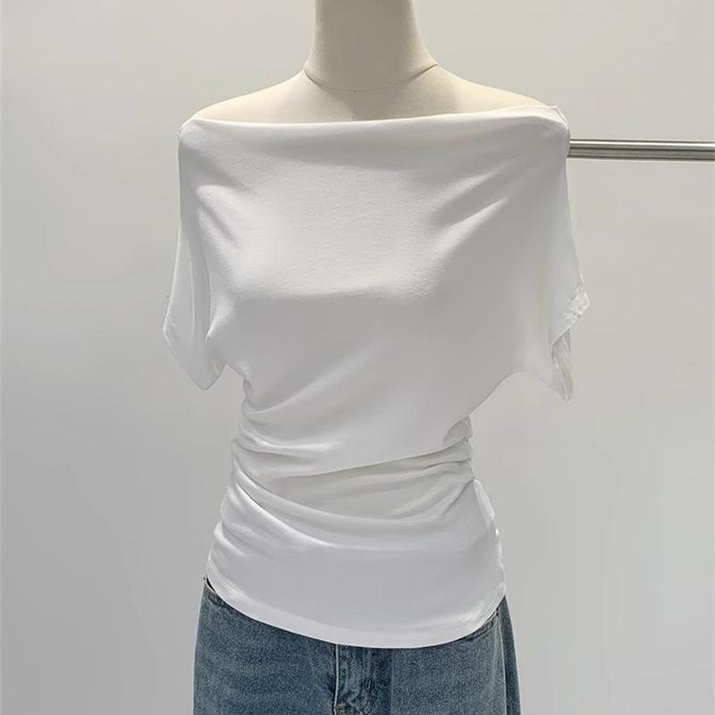 Sommer Reines Verlangen Ein Schulter Schwarz Kurzarm Damen T-Shirt Koreanischer Stil Schlankmachendes Top Freiliegende Schulter Modisch