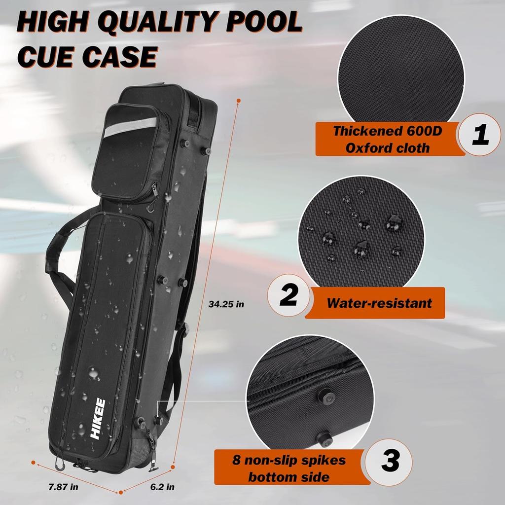 Hikeen Hard Pool Cue Case, 4x4 Capacity, Soft Velvet Lining, Adjustable Shoulder Strap, Compatible with Billiard Accessories