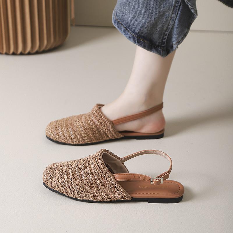 Bohemian linen woven breathable empty bag head half slippers women's 2025 new flat-bottomed sandals