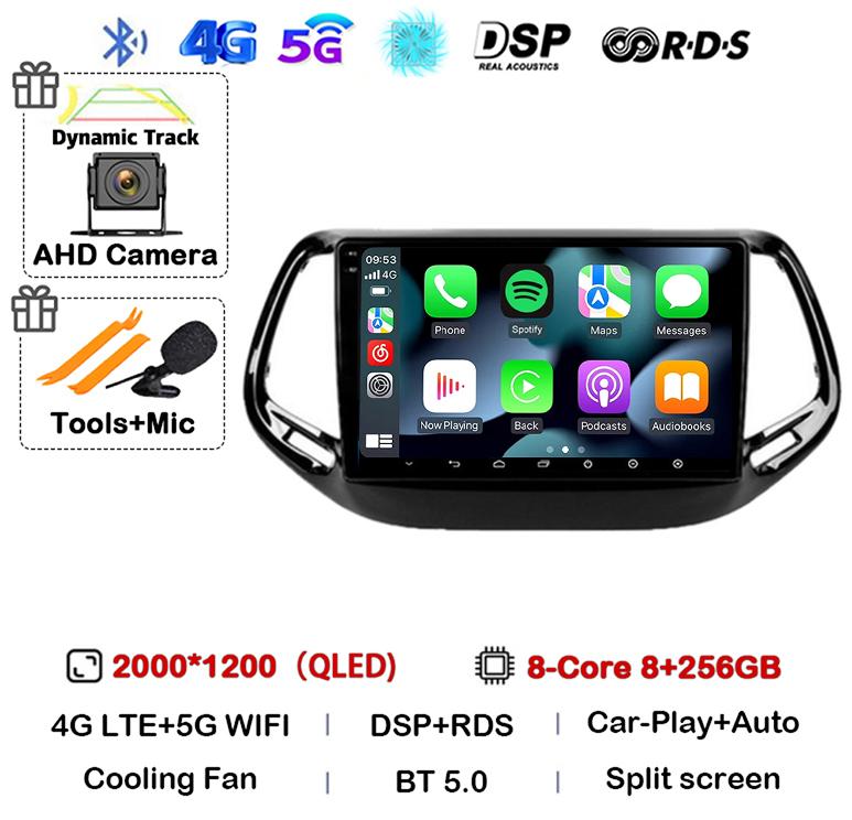 Android 14 Carplay Auto Car Radio For Jeep Compass 2017 2018 2019 GPS Navigation Stereo Multimedia Video Player 360 Camera WIFI