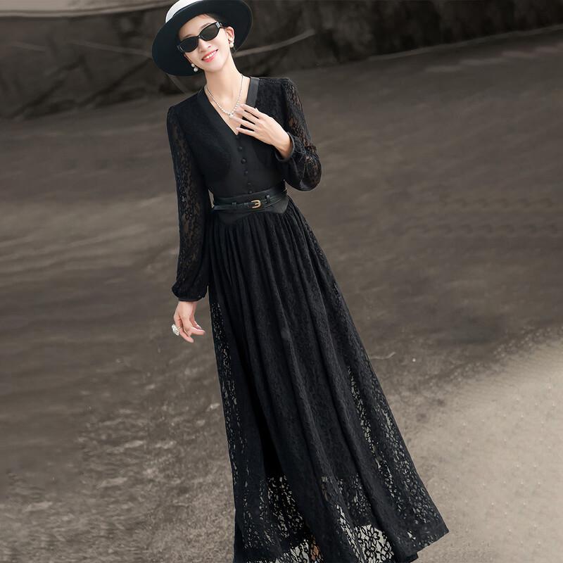 Lanser 2026 Frühling Französisches Retro-Spitzen-V-Ausschnitt-Langkleid
