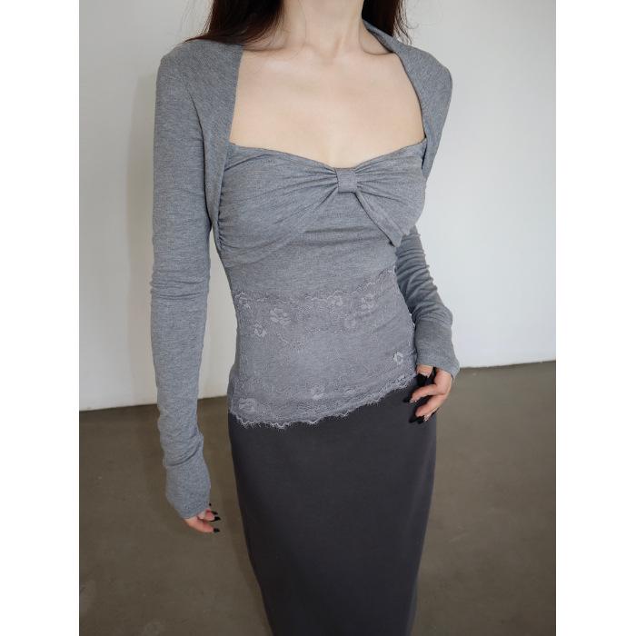 

Women s Lace Patchwork Square Neck Waist-Cinched Two-Piece Look Top Small сірий колір