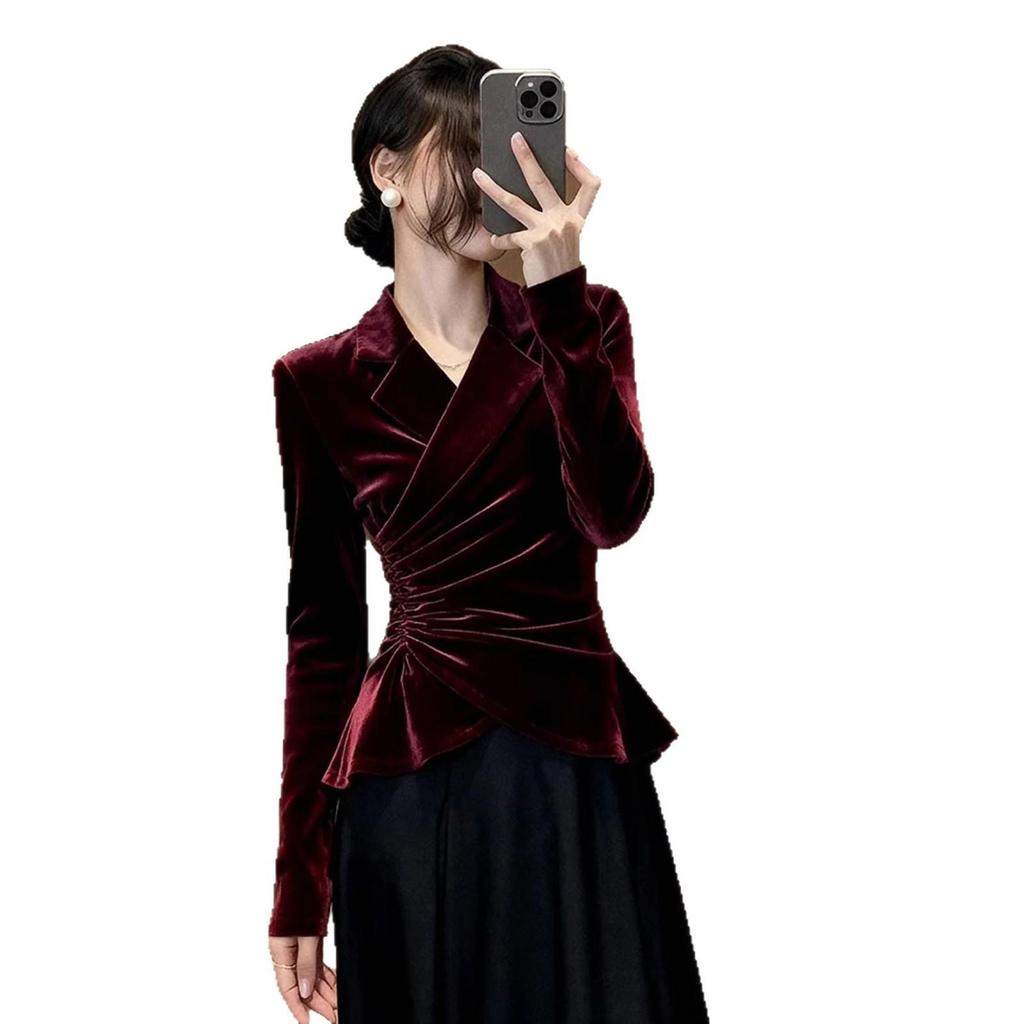 Burgundy Silk Velvet Pleated Waist Shirt for Women - Autumn/Winter French Sophisticated Style