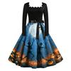Women's Vintage Long Sleeve Square Neck Halloween Printed Party Dress for Evening Wear