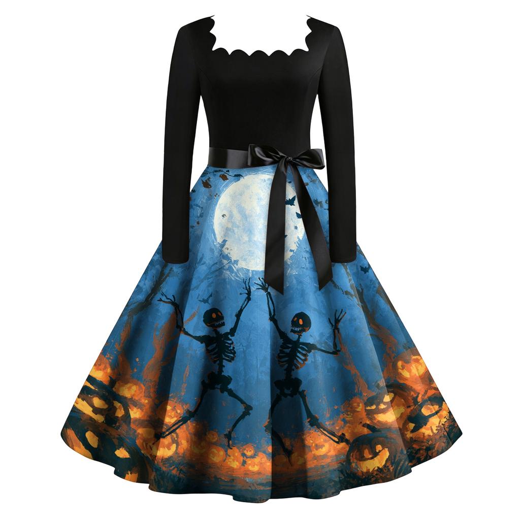Women's Vintage Long Sleeve Square Neck Halloween Printed Party Dress for Evening Wear