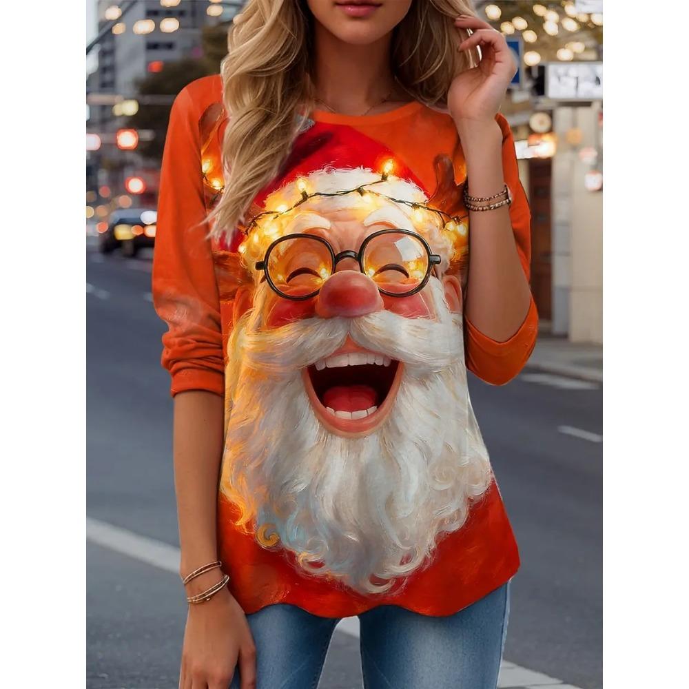 Spring and Autumn Round Neck Santa Claus Pattern 3D Printed Top Fashionable Casual Long Sleeved Women's T-shirts