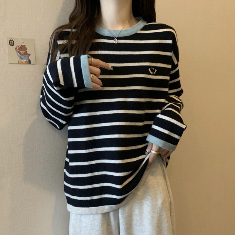 Autumn Winter Contrasting Striped Long-sleeved Bottoming for Women's New Slim German Velvet Warm Top