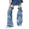 Women Harajuku Over the Knee Denims Tie Dye Leg Warmers Punk Buckled Strap Leg Covers Socks Baggy Leg Sleeves Streetwear