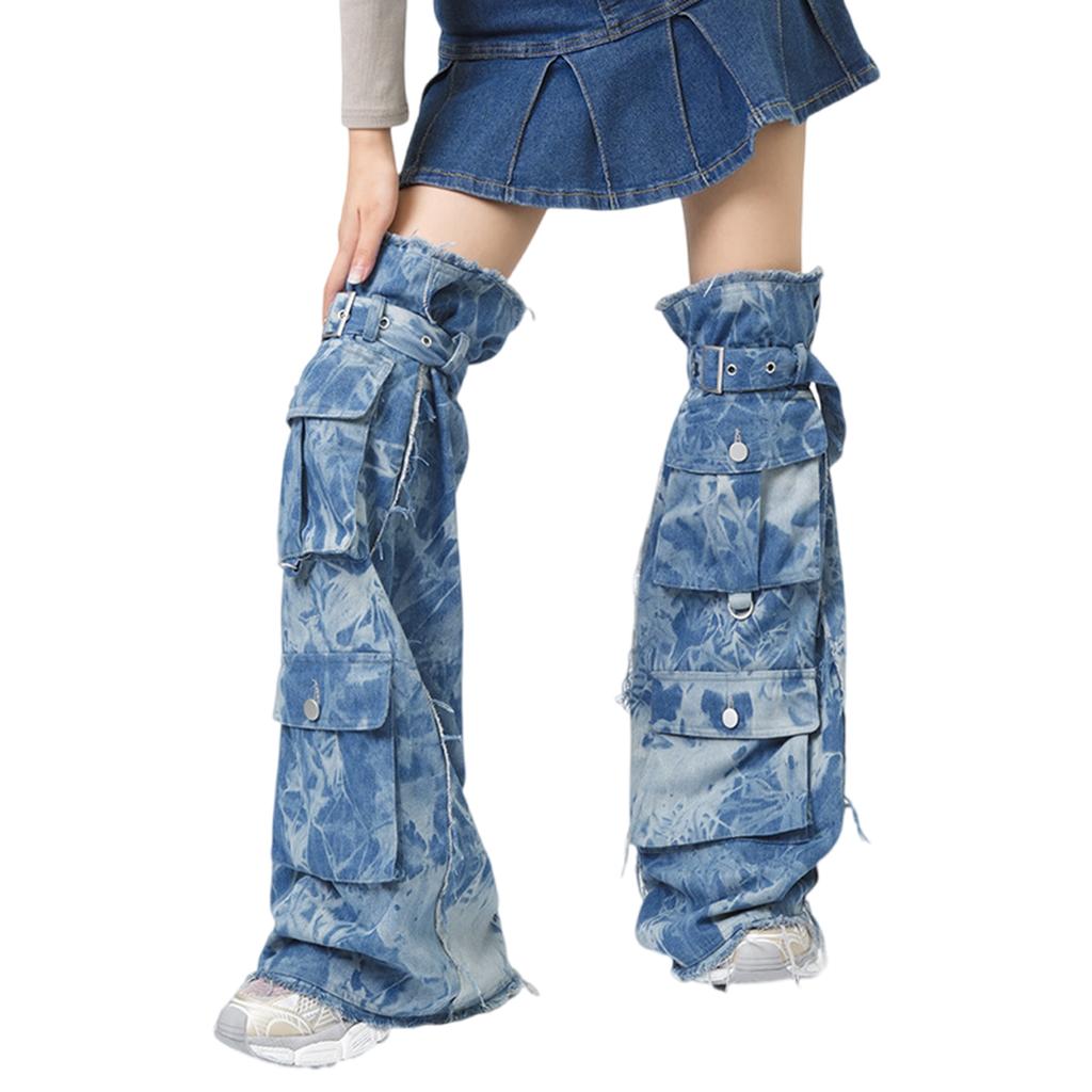 Women Harajuku Over the Knee Denims Tie Dye Leg Warmers Punk Buckled Strap Leg Covers Socks Baggy Leg Sleeves Streetwear