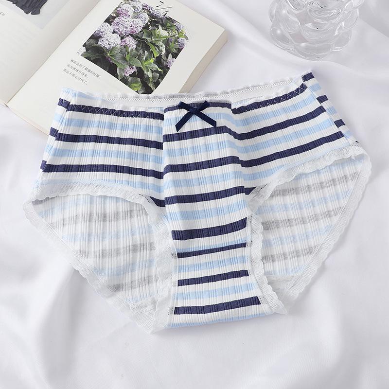Navy Blue Women's Panties Cotton Mid-waist Bow Threaded Breathable Girl Student Briefs
