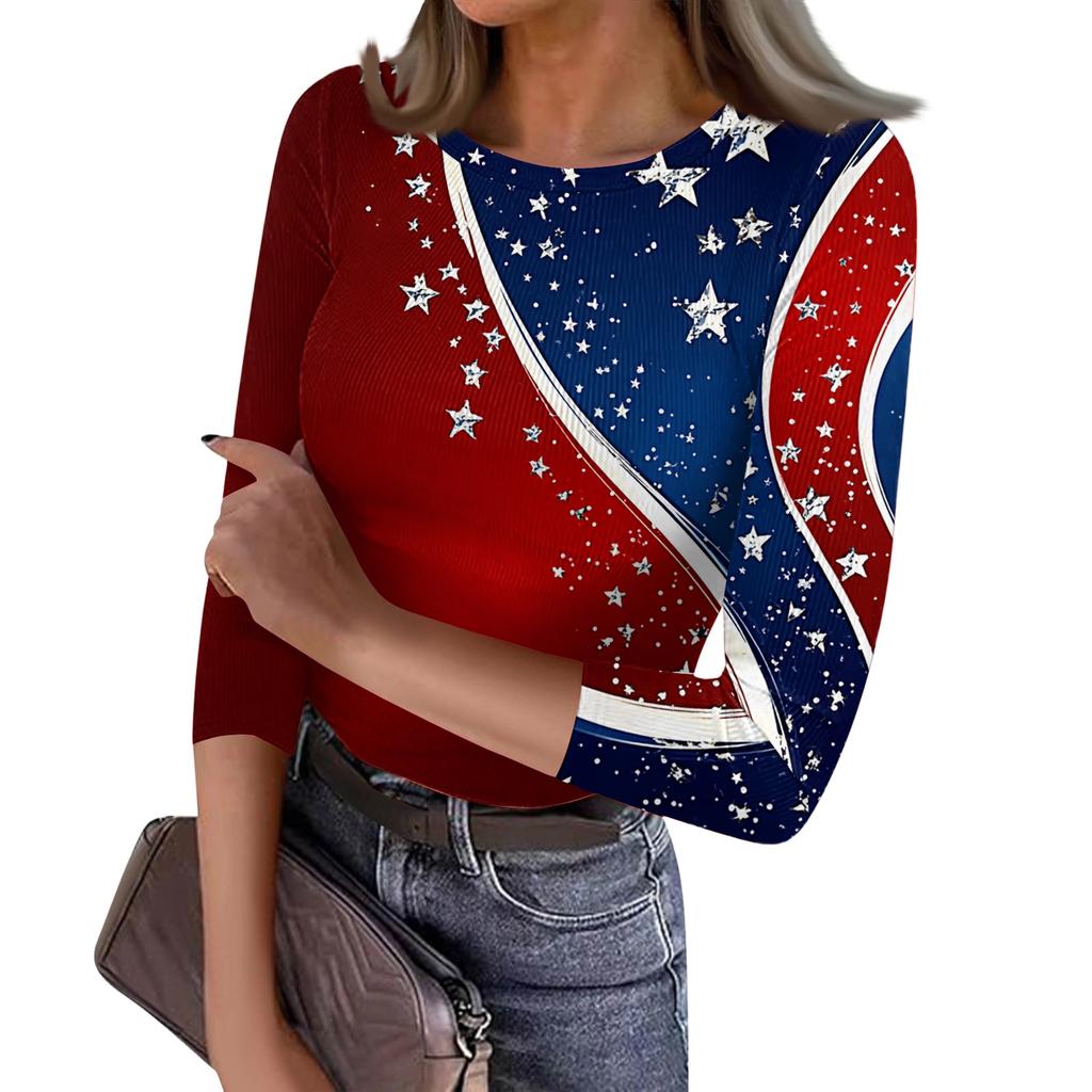 Women's Casual Fashion Round Neck Independence Day Print Three-Quarter Sleeve Ribbed Top