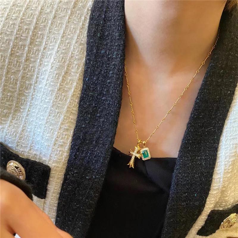 Emerald and Diamond Double Layer Cross Necklace in K Gold for Women - Luxury European American Style with Heart Pendant