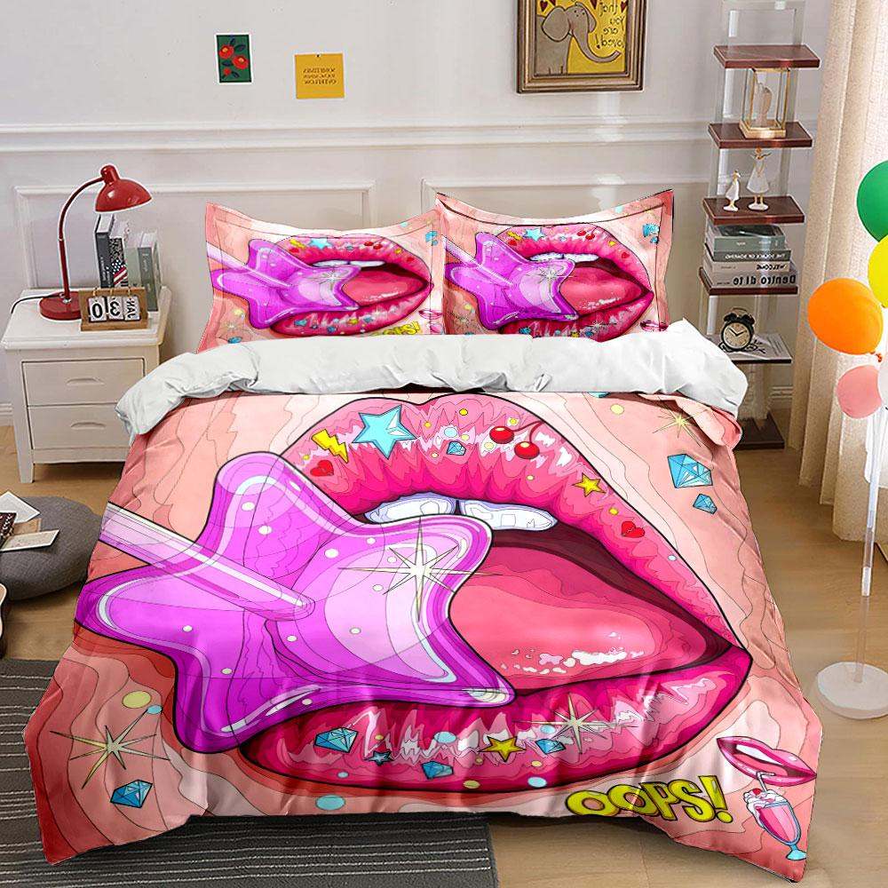 Pink Lips with Star Lollipop Bedding Duvet Cover Set (1*Duvet Cover 2*Pillowcases, without duvet insert)