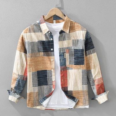 Men's Spring Literary Casual Loose Tops Youth Long Sleeve Printed Lapel Shirt