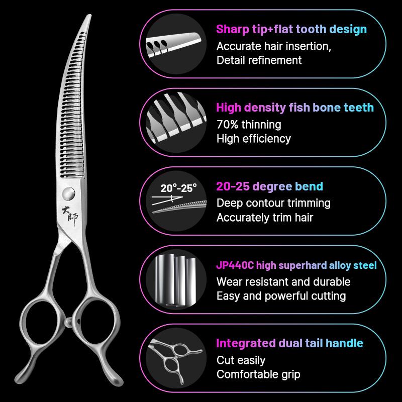 Fenice 7 Inch JP440C Steel Pet Grooming Curved Chunker Scissors Trimming Dog Hairdressing Beauty Magic Shears 70% ThinningRate