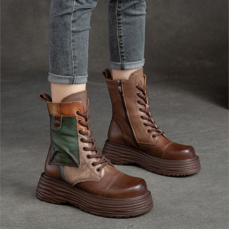 Johnature Damenstiefel mit dicker Sohle, echtes Leder, Retro-Stil, runde Zehenpartie, seitlicher Reißverschluss, gemischte Farben, Plateauschuhe