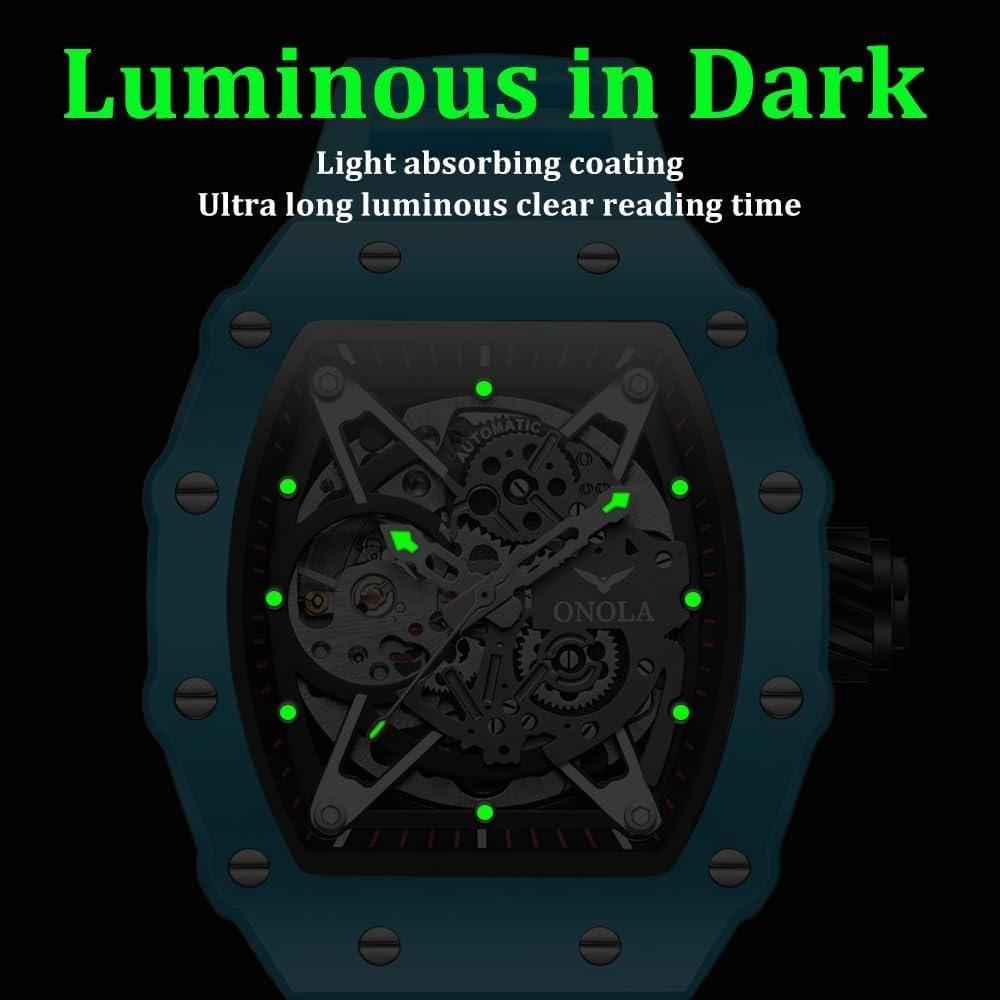 Automatic Skeleton Watch Mens Waterproof Luminous Tonneau Mechanical Wrist Watch Silicone Band
