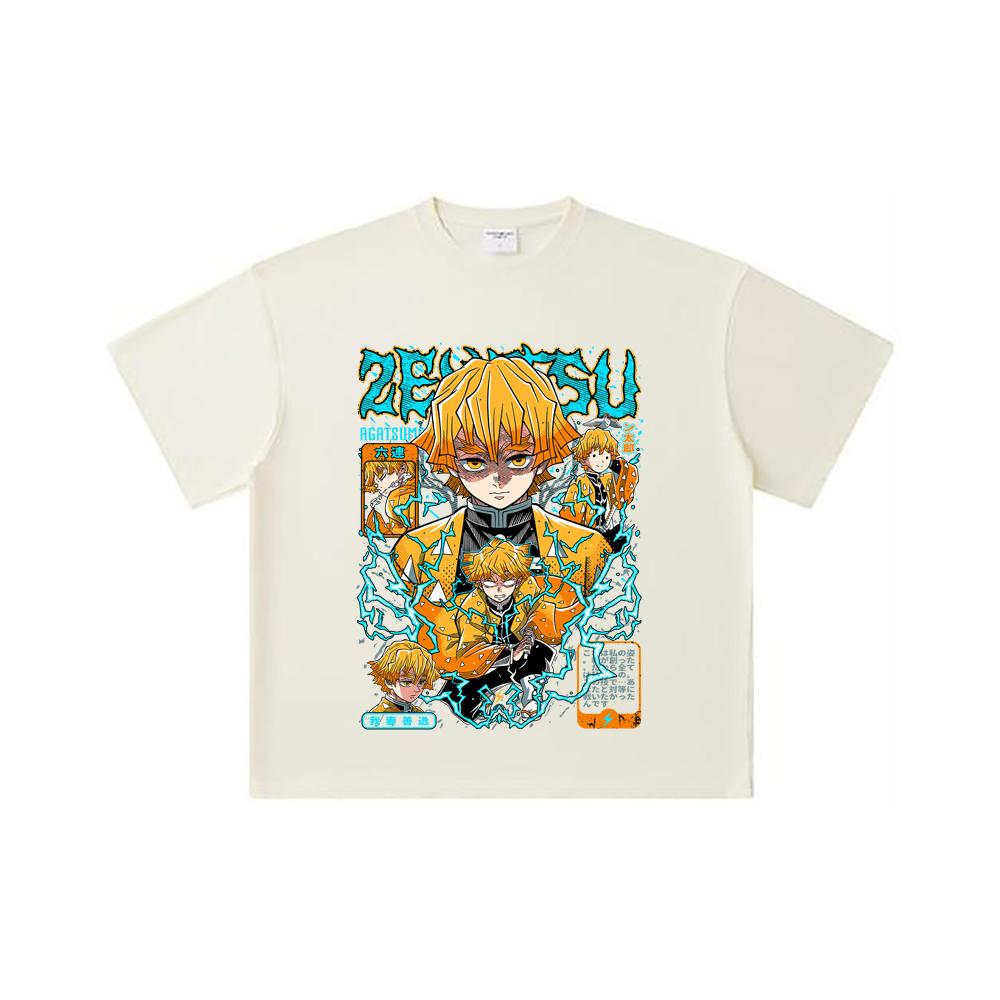 260 GSM Double Yarn 32 Count 100% Cotton Demon Slayer V100 Zenitsu Print Unisex Heavy Cotton T Shirt