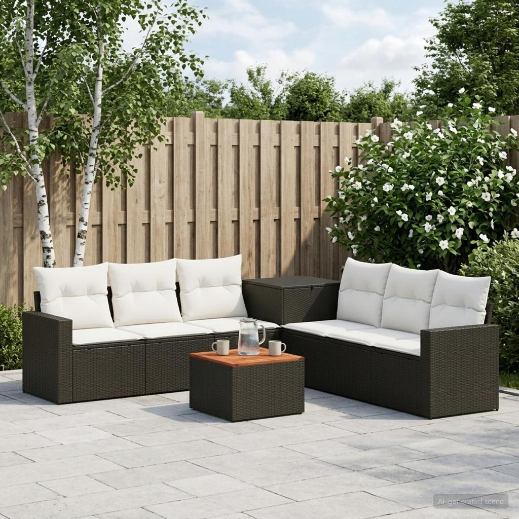 Sofa Set 8 Pieces Black and Cream White Poly Rattan and Steel