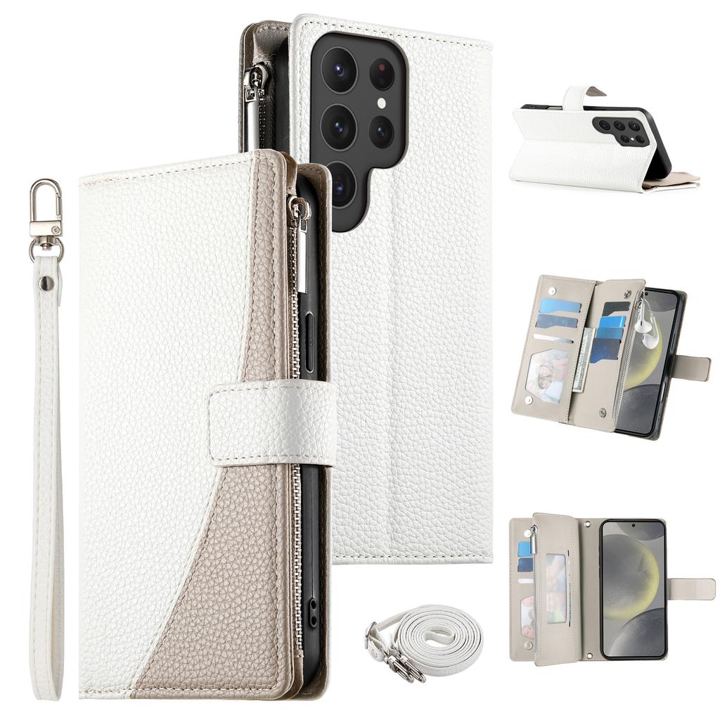 Für Samsung Galaxy S24 Ultra Hülle Reißverschluss-Geldbörse Farbige Leder-Klapphülle mit Tragebändern