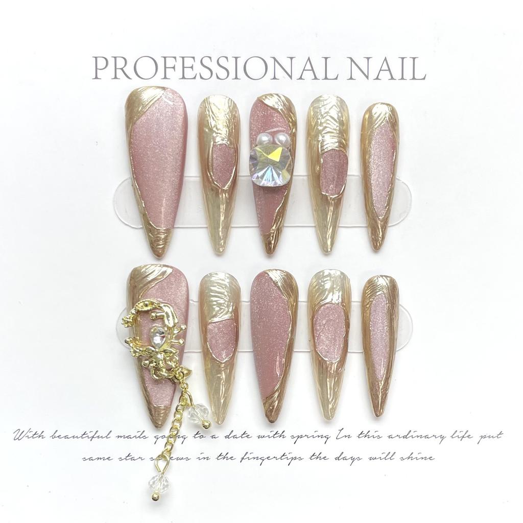Handmade Long Stiletto Press On Nails Reusable Butterfly Diamond Decor Full Cover Artificial False Nails