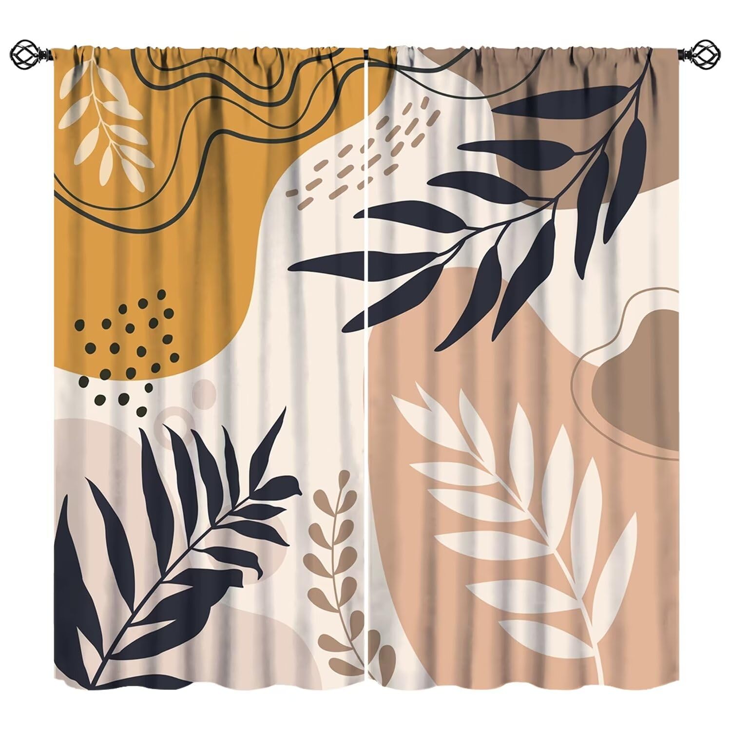 Boho Mid Century Curta, Abstract Blue Gold Colorful Geometric Modern Leaves Minimalist Geometric Window Treatments 53x116cm 2pc21x46in