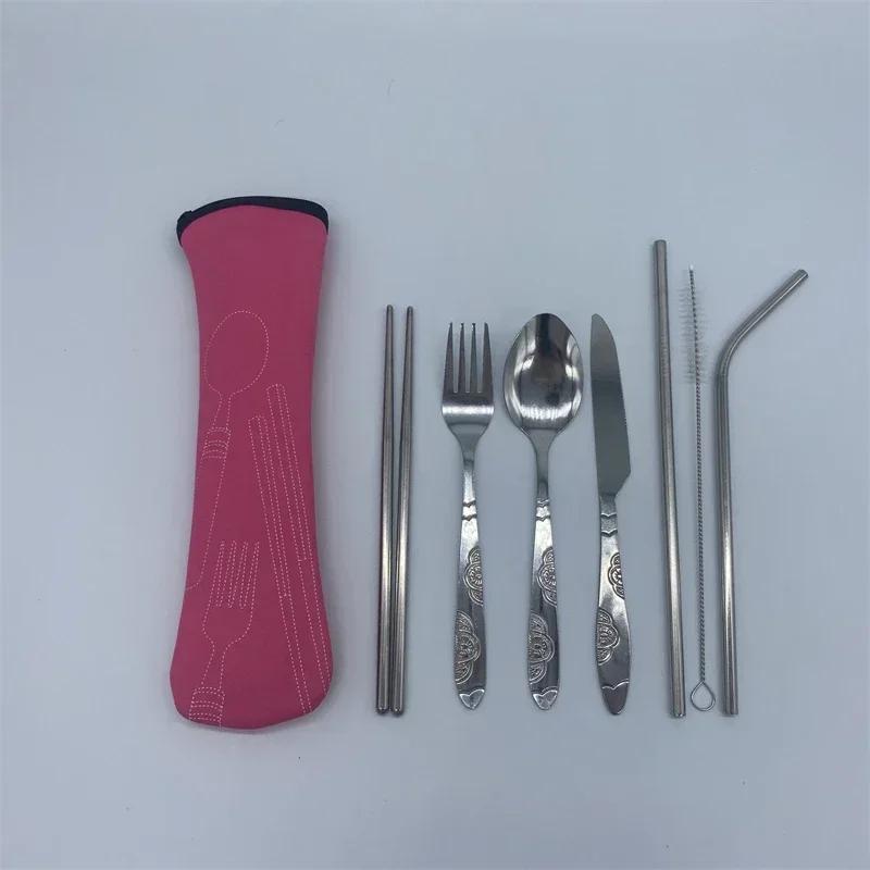 7/3 Pcs Stainless Steel Outdoor Camping Tableware Set Of Pieces Western Food Steak Knife Fork Spoon Creative Cloth Bag Portable