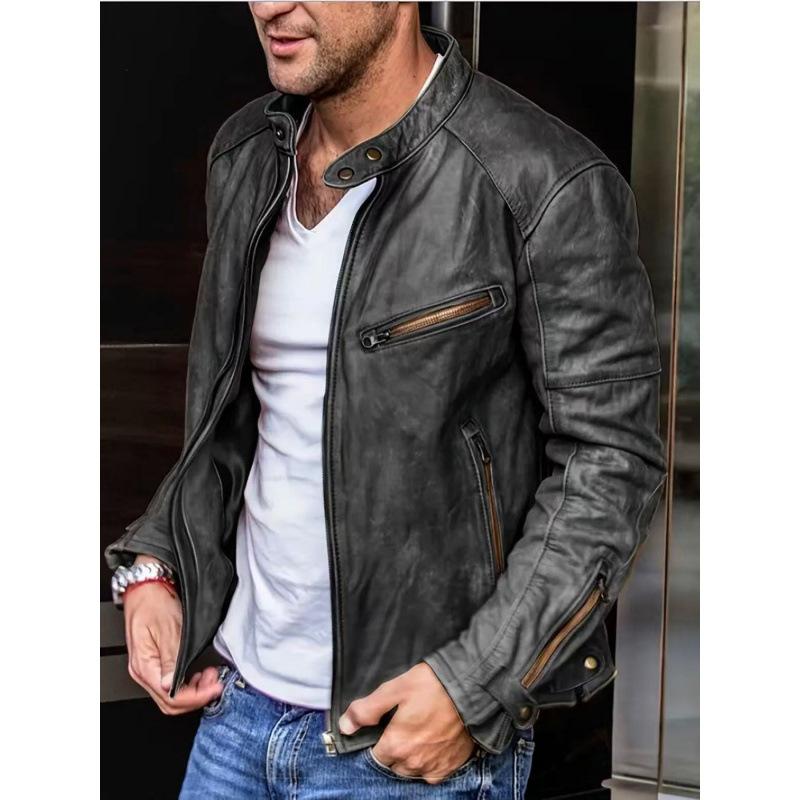 European and American men's PU leather jacket stand-up collar locomotive leather jacket casual slim trendy jacket men's