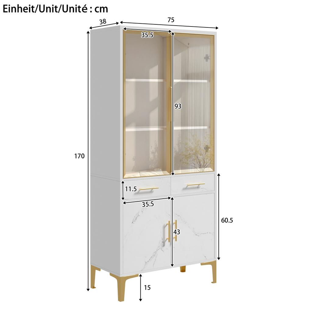 Armadio Alto, Vetrina, Credenza, Mobile da Sala da Pranzo, Vetrina Alta con Ante in Vetro LED APP Effetto Marmo Lucido 2 Cassetti Piedi in Metallo