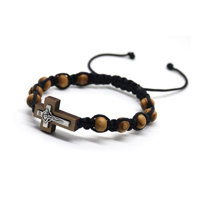Alloy Pine Weaving Crucifix Stretch Bracelet Personality Handmade Knitted Jewelry for Men Boy Christian Ornaments Gifts