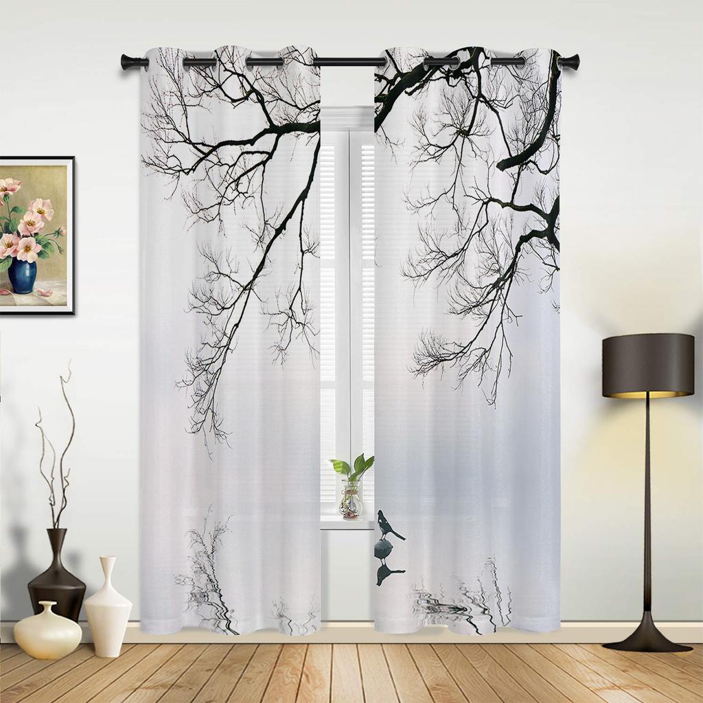 Chinese Style Tree Winter Bird Reflection Window Curtains for Living Room Kids Bedroom Valance Curtains Kitchen Window Drapes