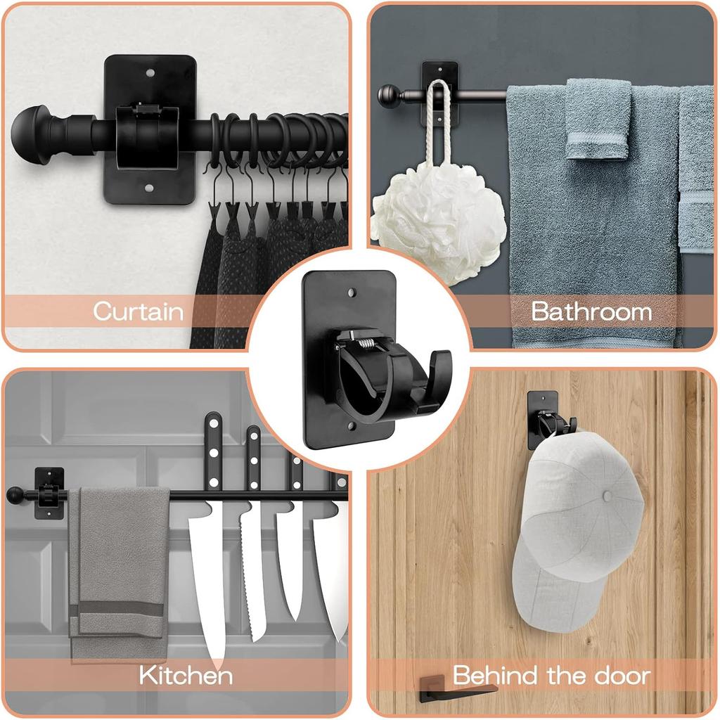 CIEMGNZOC 6-Pack Curtain Bracket Holders, Universal Self-Adhesive Wall Mounts, Fits 0.6'' to 1.5'' Rods, Black