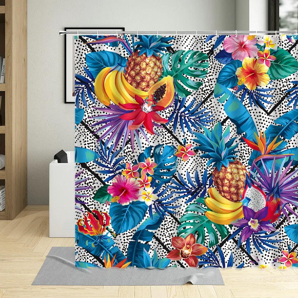 Tropical Pineapple Shower Curtains Watercolor Fruit Leaves Palm Leaf Flower Plant Bath Curtain Sets Modern Fabric Bathroom Decor