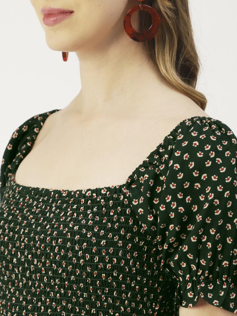 Moomaya Printed Viscose Rayon Summer Dress, Square Neck Smocked Long Dress