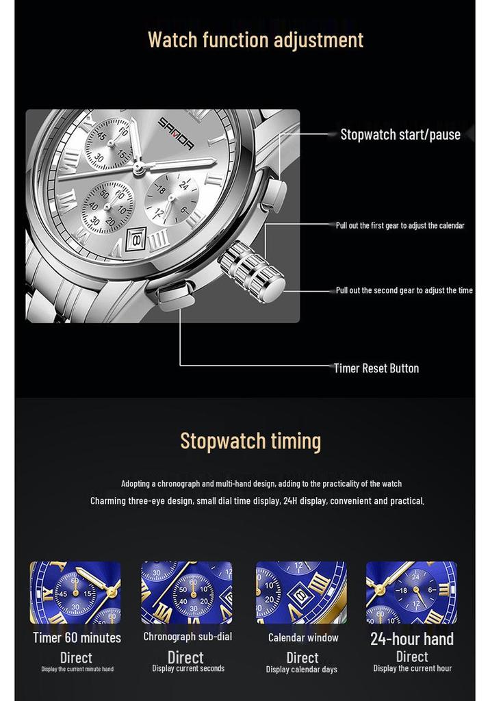Sanda Men's Waterproof Luminous Quartz Watch - Fashionable Three-Eye Six-Hand Design with Steel Band.