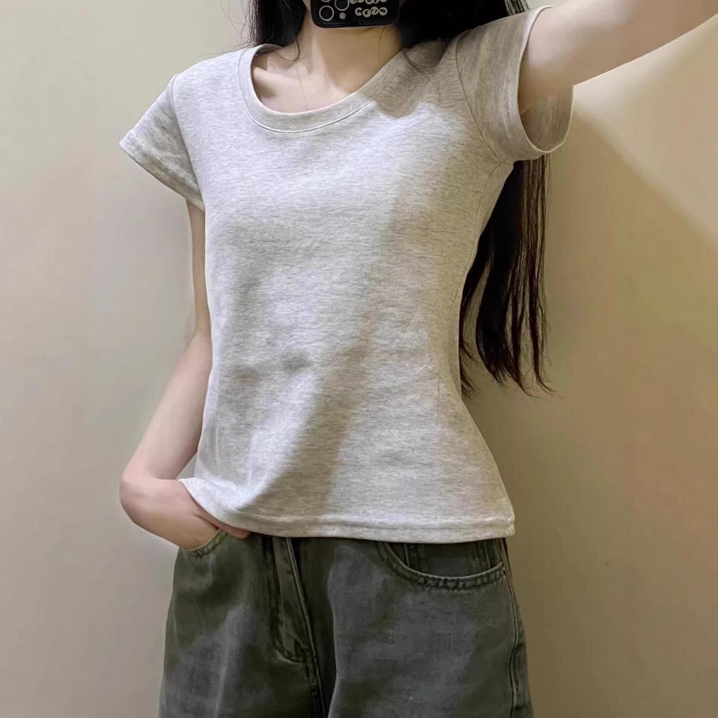 Women's American Style Slim Fit Crew Neck Cotton T-Shirt - 2026 Summer Design, Short Sleeve, Cinched Waist