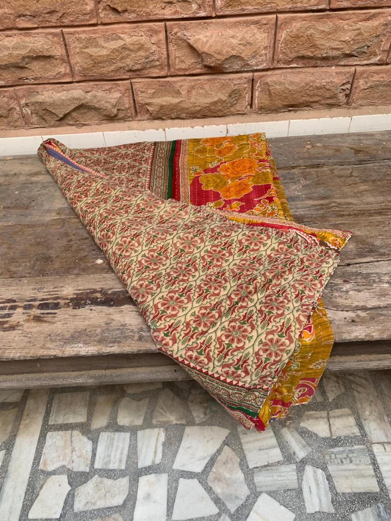Indian Patchwork Kantha Blanket Handmade Quilt 100% Cotton Reversible Blanket Throw Bed Spread