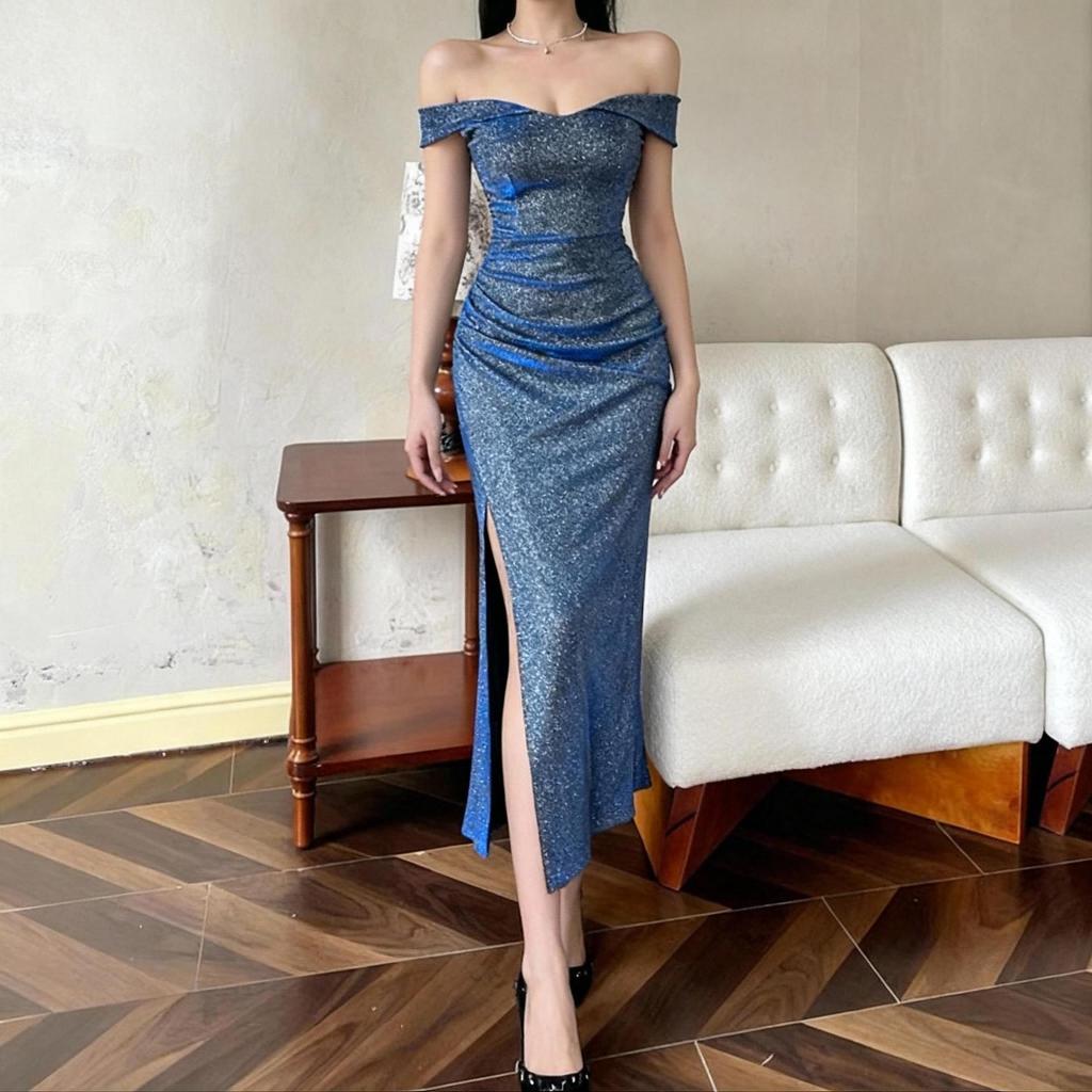 One-Shoulder Sequin Bridesmaid Gown with Slit and Cinched Waist