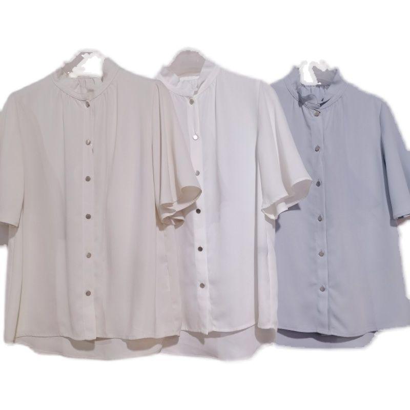 Export Japanese Original Cut Label Stand Collar Ruffled Flare Sleeve Short Sleeve Shirt Accessible Luxury Fancy Professional Bottoming Shirt
